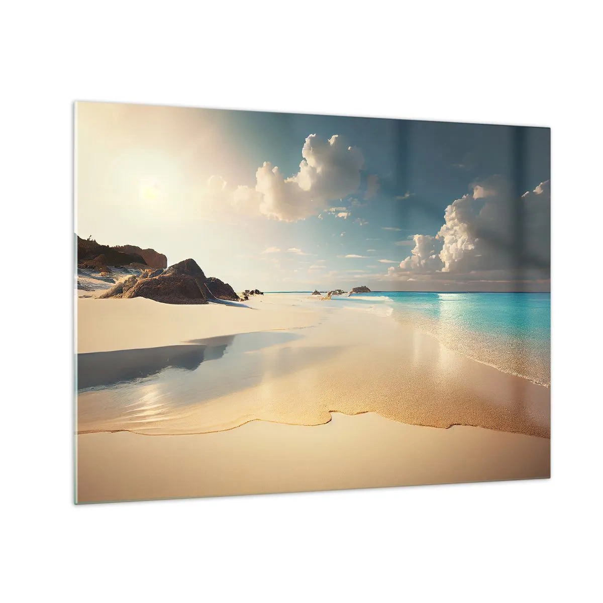 Obraz na skle - Zlatá pláž a tyrkysové moře ve světle ranního slunce - 70x50cm - Vysněný den - Moderní nástěnná dekorace do obývacího pokoje a ložnice ARTTOR