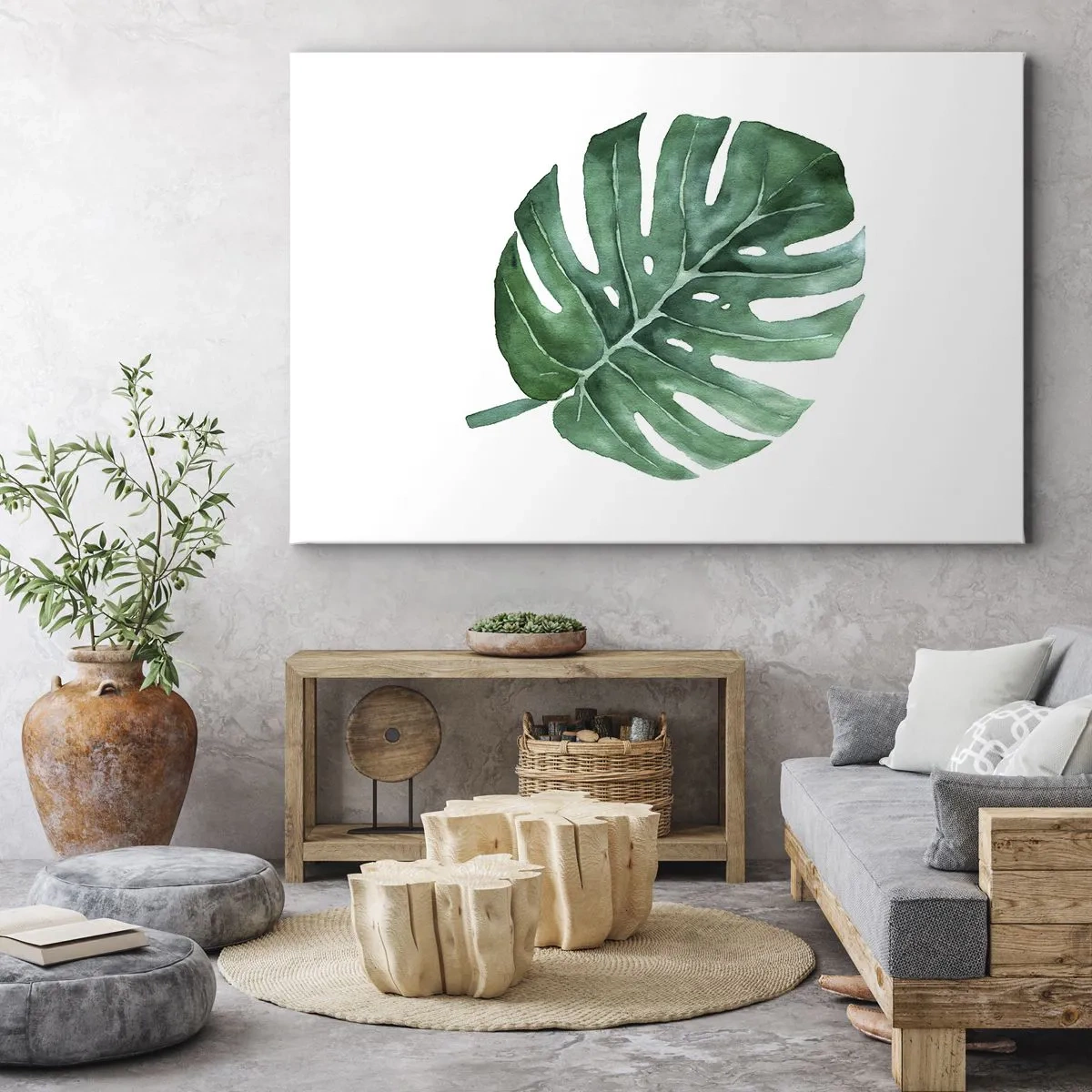 Obraz na plátně - Zelený list monstery v minimalistickém stylu - 70x50cm - Zelený koncept - Moderní nástěnná dekorace do obývacího pokoje a ložnice ARTTOR