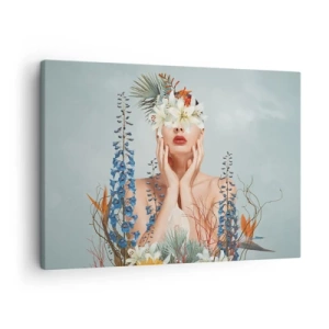 Obraz na plátně - Portrét ženy s květinovým motivem na modrém pozadí - 70x50cm - Žena – květina - Moderní nástěnná dekorace do obývacího pokoje a ložnice ARTTOR