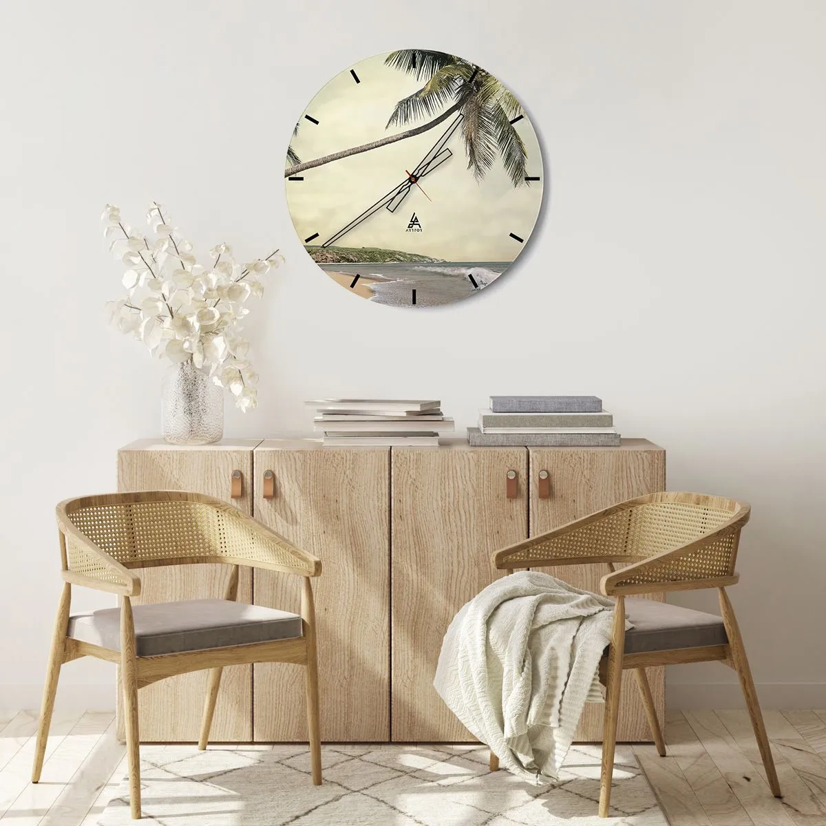 Nástěnné hodiny - Palmy na pozadí tropické pláže - 30x30cm - Tropický sen - Moderní nástěnná dekorace do obývacího pokoje, kuchyně a ložnice ARTTOR