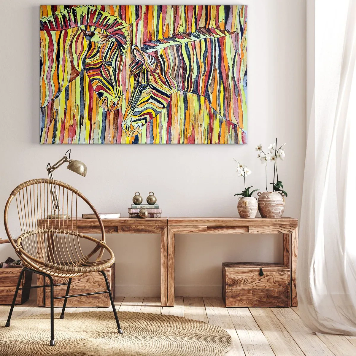 Obraz na plátně - Barevné zebry na pozadí abstraktních pruhů - 70x50cm - Takže ty taky… - Moderní nástěnná dekorace do obývacího pokoje a ložnice ARTTOR