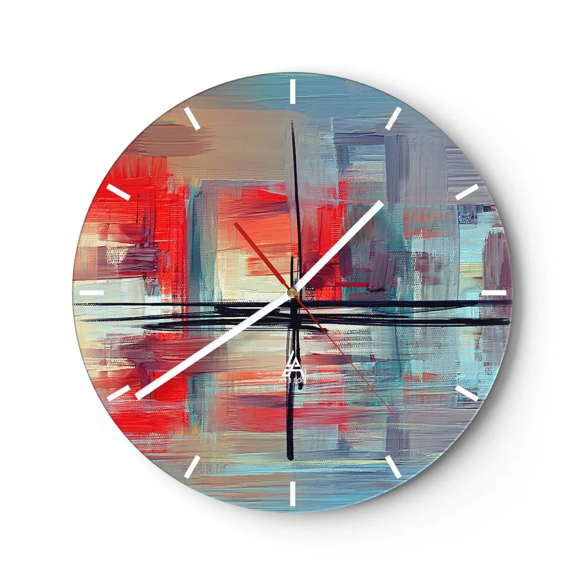 Nástěnné hodiny - Barevná abstrakce s geometrickými tahy štětcem - 30x30cm - Krajina v neznámé dimenzi - Moderní nástěnná dekorace do obývacího pokoje, kuchyně a ložnice ARTTOR