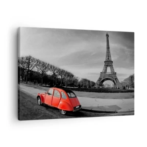 Obraz na plátně - Červené auto s Eiffelovou věží v pozadí v černobílé krajině - 70x50cm - Více pařížské než samotná Paříž - Moderní nástěnná dekorace do obývacího pokoje a ložnice ARTTOR