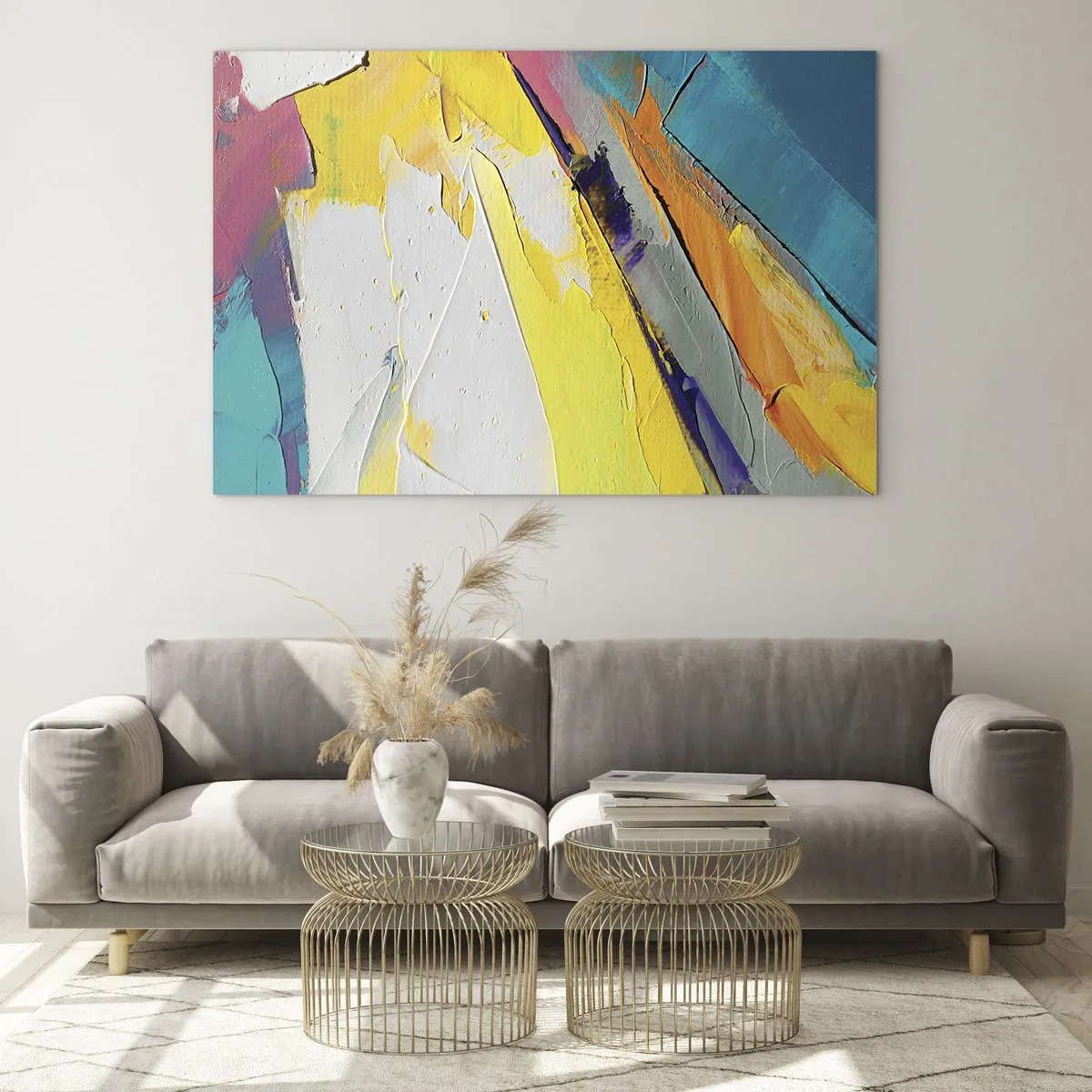 Obraz na skle - Abstraktní tahy štětcem ve žluté, modré a bílé barvě - 70x50cm - Anatomie světla - Moderní nástěnná dekorace do obývacího pokoje a ložnice ARTTOR