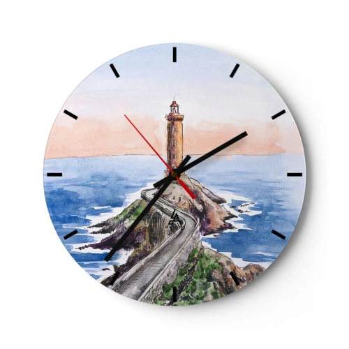 Nástěnné hodiny - Maják na mysu ve stylu akvarelu - 30x30cm - Tváří v tvář moři - Moderní nástěnná dekorace do obývacího pokoje, kuchyně a ložnice ARTTOR
