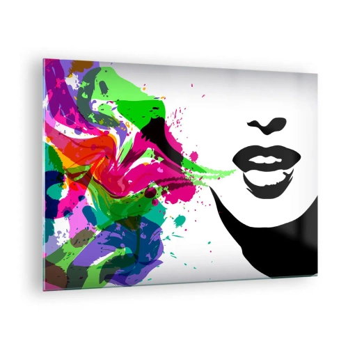 Obraz na skle - Barevná abstrakce s ženským profilem a barevnými cákanci. - 70x50cm - Vyprávění v barvách duhy - Moderní nástěnná dekorace do obývacího pokoje a ložnice ARTTOR