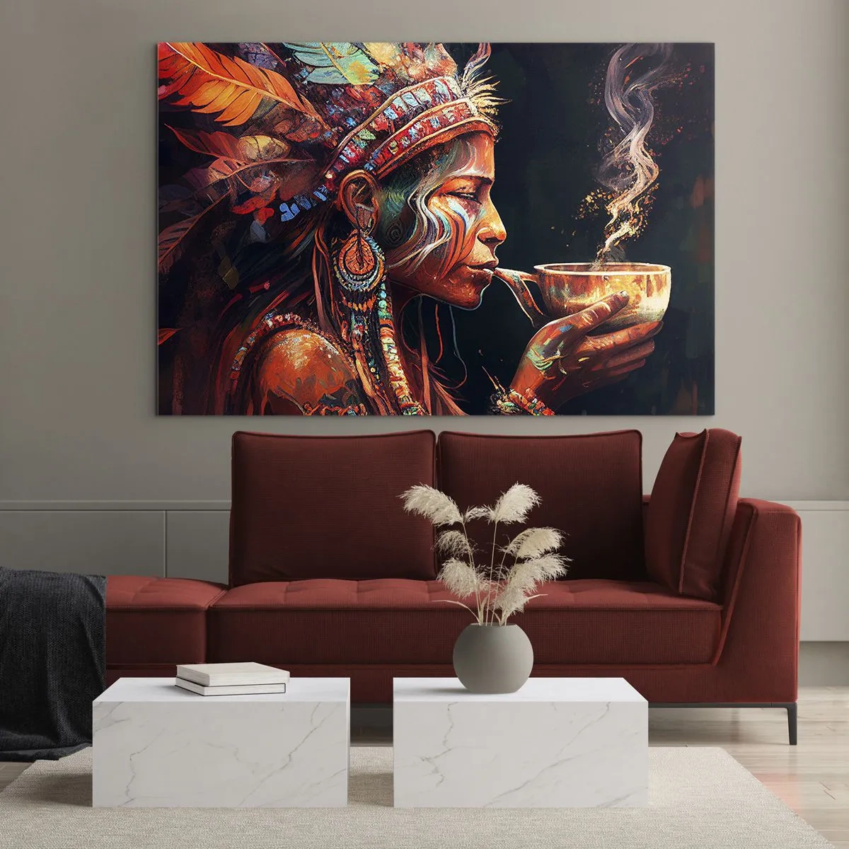 Obraz na skle - Postava v opeřené čelence pije lektvar v mystické atmosféře - 70x50cm - Magický rituál - Moderní nástěnná dekorace do obývacího pokoje a ložnice ARTTOR