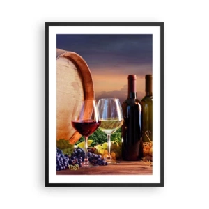 Plakát v černém rámu - Lahve a sklenice vína na pozadí sudu a západu slunce - 50x70cm - Tady má život chuť - Moderní nástěnná dekorace do obývacího pokoje a ložnice ARTTOR