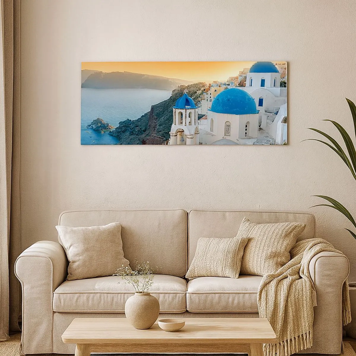 Obraz na plátně - Santorini - přitulené ke skalám - 100x40 cm