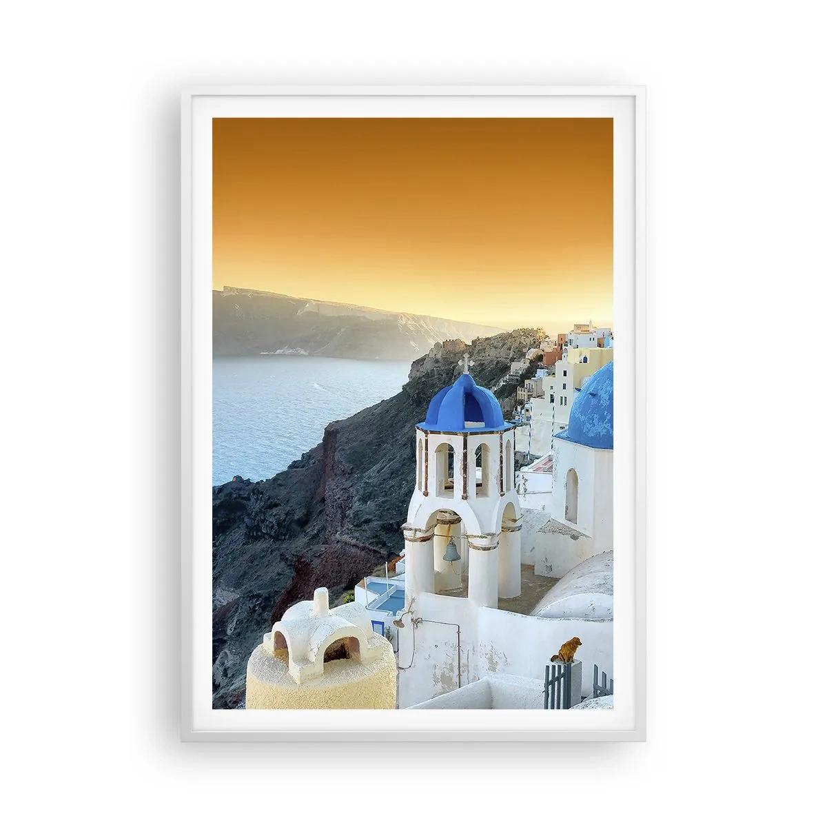 Plakát v bílém rámu - Santorini - přitulené ke skalám - 70x100 cm