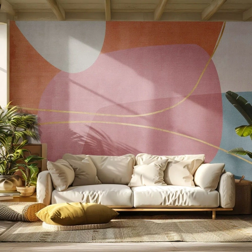 Fototapeta Standard Eco - Pastelové barevné skvrny a zlaté linky na světlém pozadí - 100x70cm - Pastelová kompozice se zlatou nití - Moderní nástěnná dekorace do obývacího pokoje a ložnice ARTTOR