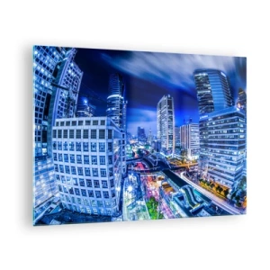 Obraz na skle - Panorama moderního města v noci s jasnými světly - 70x50cm - Rytmy nočního města - Moderní nástěnná dekorace do obývacího pokoje a ložnice ARTTOR