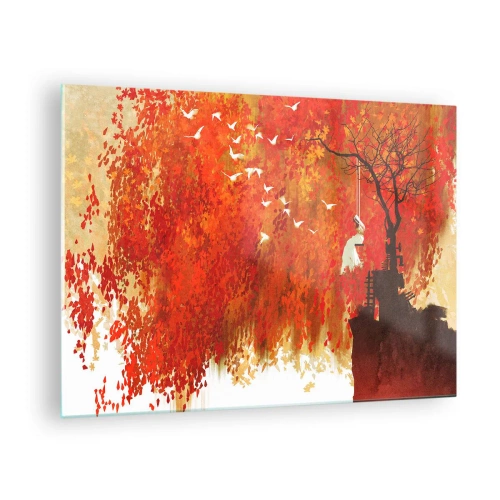 Obraz na skle - Červené listy, osamělý strom a ptáci v podzimní scéně - 70x50cm - Poletí s nimi? - Moderní nástěnná dekorace do obývacího pokoje a ložnice ARTTOR