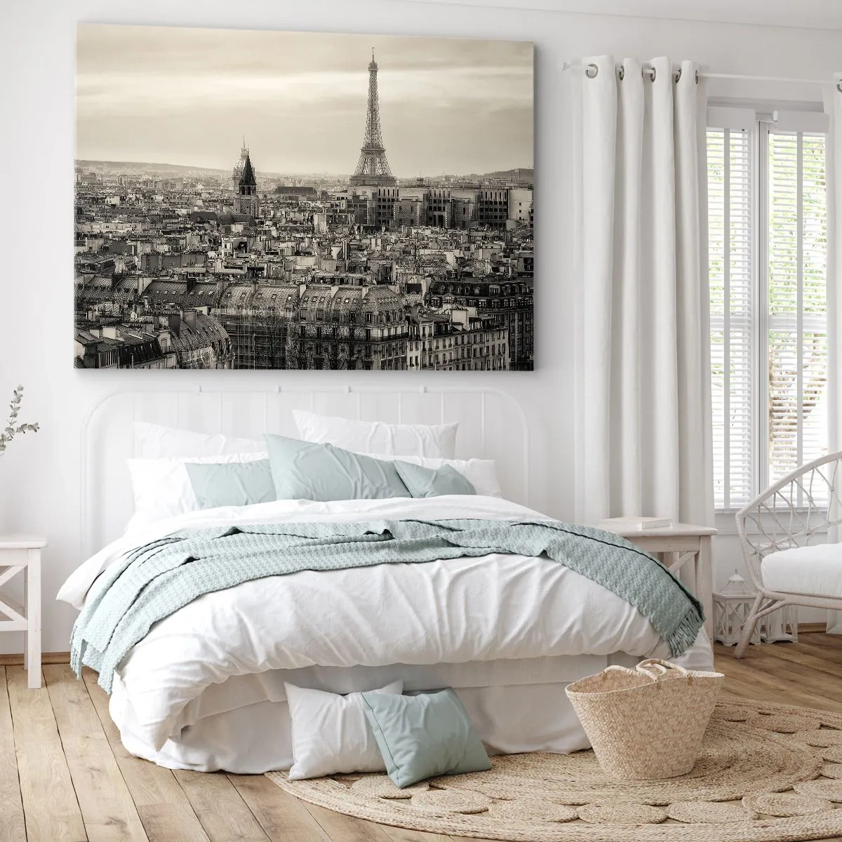 Obraz na plátně - Panorama Paříže s Eiffelovou věží v sépiových tónech - 70x50cm - Nad střechami Paříže - Moderní nástěnná dekorace do obývacího pokoje a ložnice ARTTOR