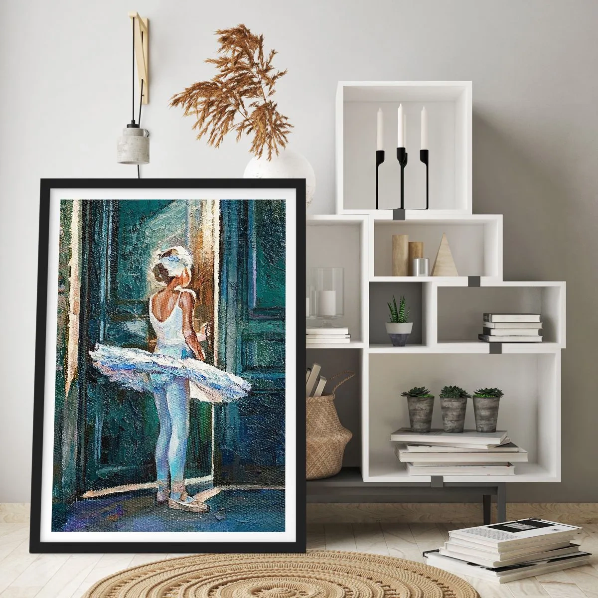 Plakát v černém rámu - Baletka ve světle dveří v impresionistickém stylu - 50x70cm - Před představením - Moderní nástěnná dekorace do obývacího pokoje a ložnice ARTTOR