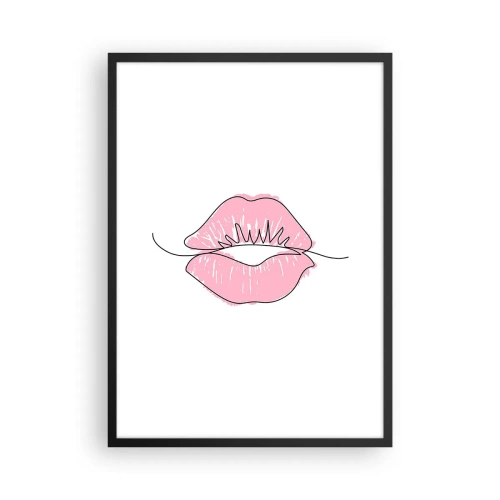 Plakát v černém rámu - Minimalistická ilustrace růžových rtů na bílém pozadí - 50x70cm - Jsi připraven na polibek? - Moderní nástěnná dekorace do obývacího pokoje a ložnice ARTTOR