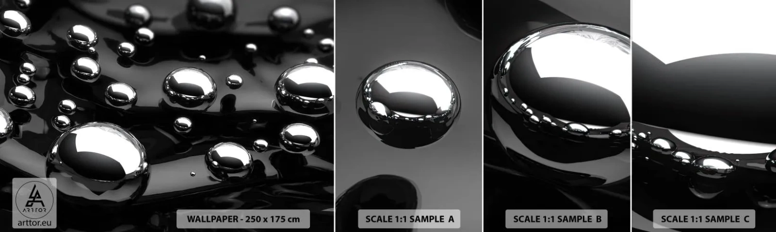 Vzor Fototapety Samolepicí Deluxe Sticker - Z černé tůně - Abstrakce, Chromové koule, 3D - 100x30 cm