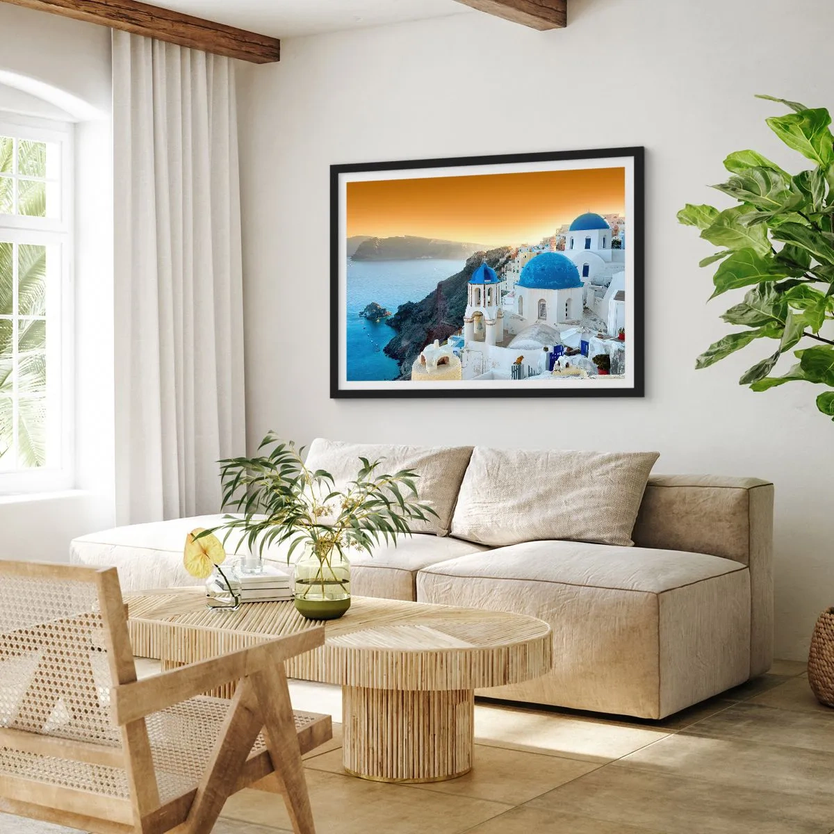 Plakát v černém rámu - Santorini - přitulené ke skalám - 50x40 cm