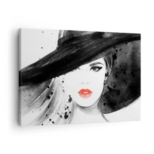 Obraz na plátně - Portrét ženy v klobouku s červenými rty - 70x50cm - Dáma v černém - Moderní nástěnná dekorace do obývacího pokoje a ložnice ARTTOR