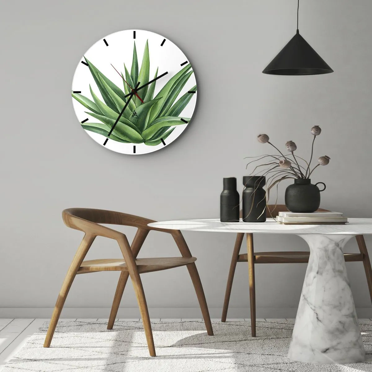 Nástěnné hodiny - Zelená agáve na bílém pozadí v botanickém stylu - 30x30cm - Zelená – síla – život - Moderní nástěnná dekorace do obývacího pokoje, kuchyně a ložnice ARTTOR