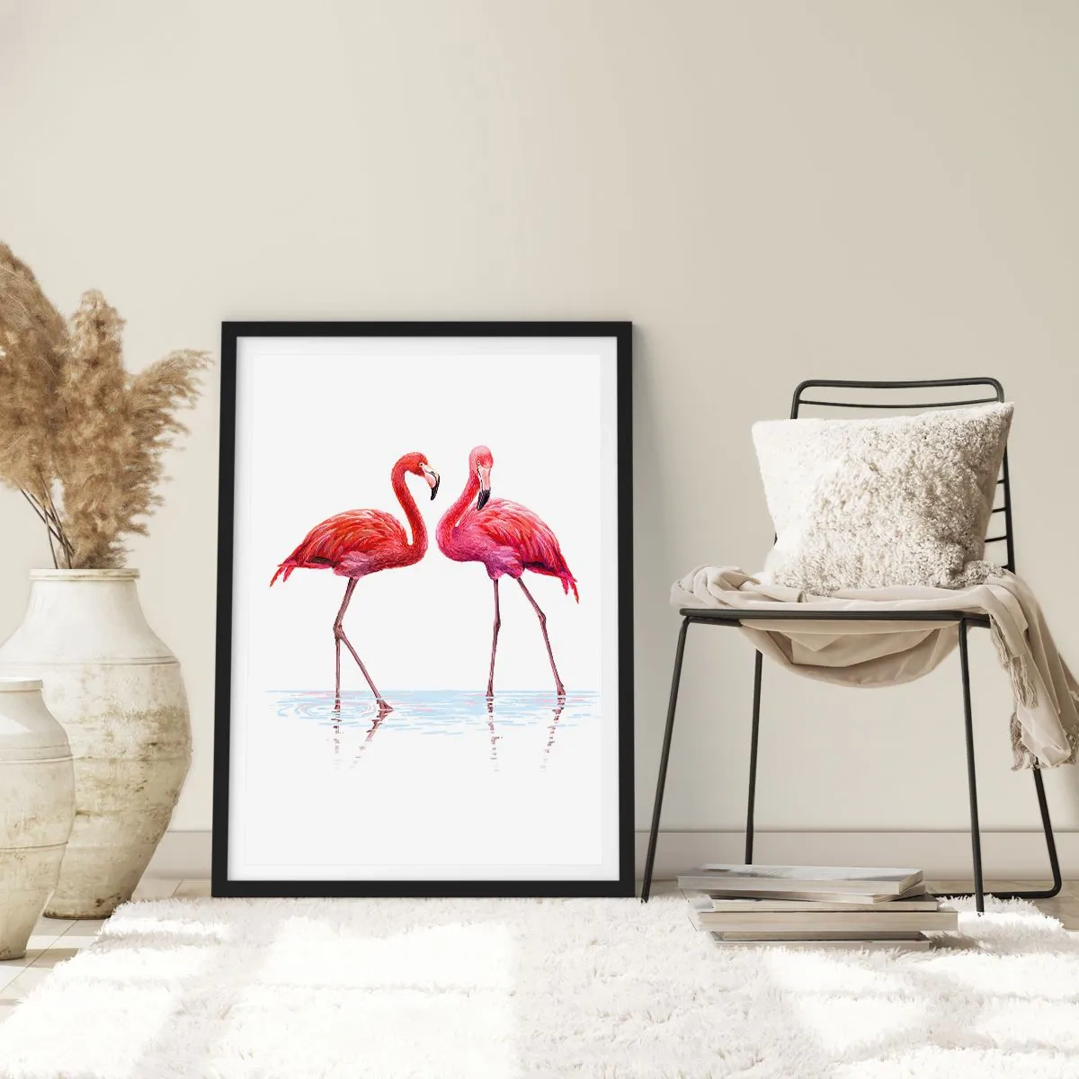 Plakát v černém rámu - Dva plameňáci na bílém pozadí s odrazem ve vodě - 50x70cm - Růžové rendez-vous - Moderní nástěnná dekorace do obývacího pokoje a ložnice ARTTOR
