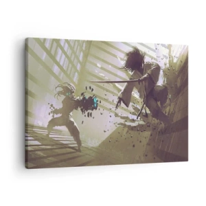 Obraz na plátně - Dynamický souboj mezi dvěma postavami ve futuristickém stylu - 70x50cm - I ty můžeš být samurajem - Moderní nástěnná dekorace do obývacího pokoje a ložnice ARTTOR
