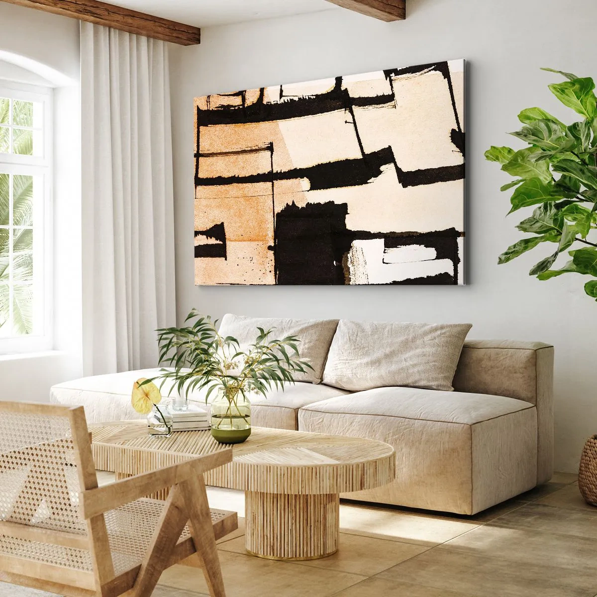 Obraz na plátně - Geometrické vzory v odstínech hnědé a béžové - 70x50cm - Avšak pořádek - Moderní nástěnná dekorace do obývacího pokoje a ložnice ARTTOR