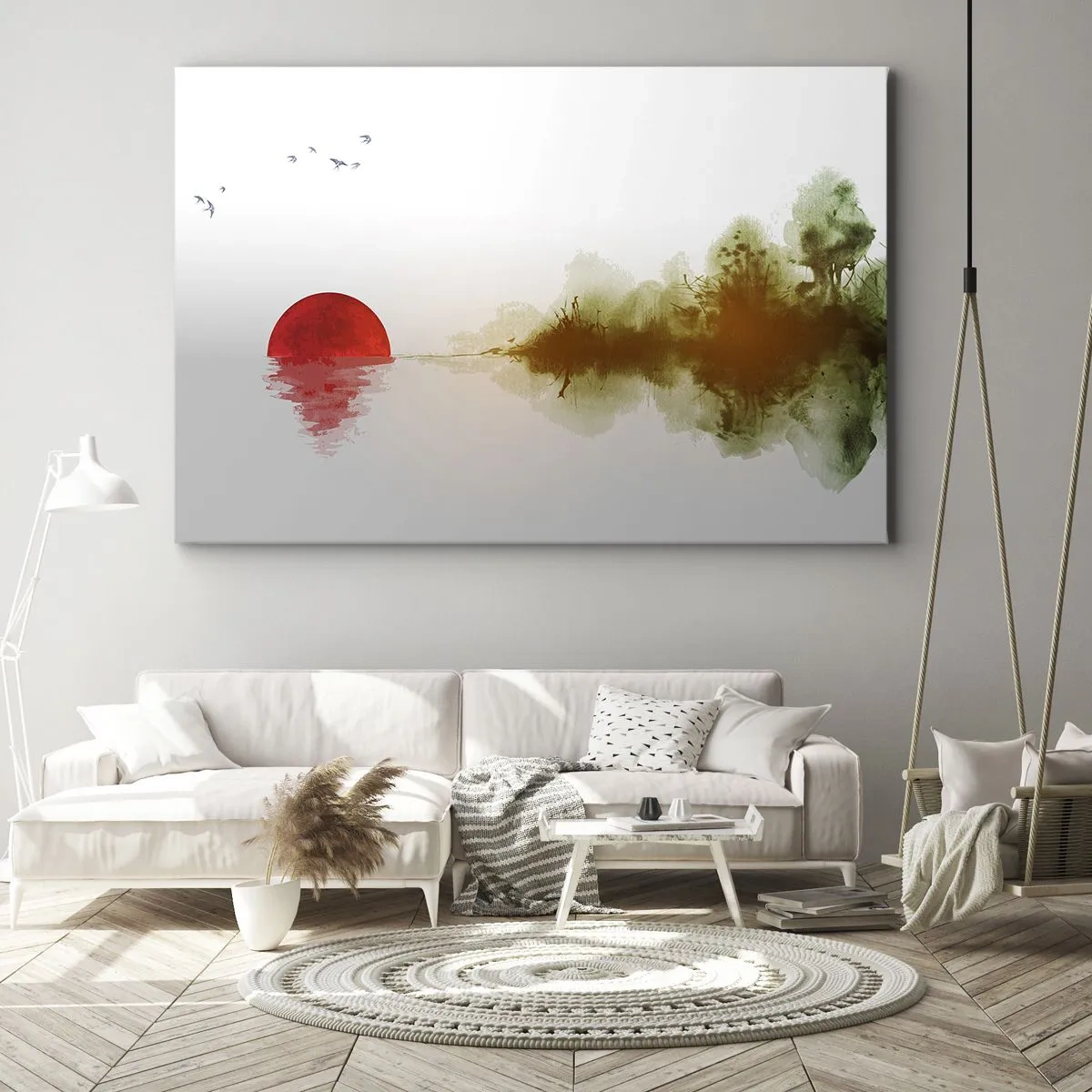 Obraz na plátně - Abstraktní západ slunce nad jezerem s odrazem - 70x50cm - Příslib klidu - Moderní nástěnná dekorace do obývacího pokoje a ložnice ARTTOR