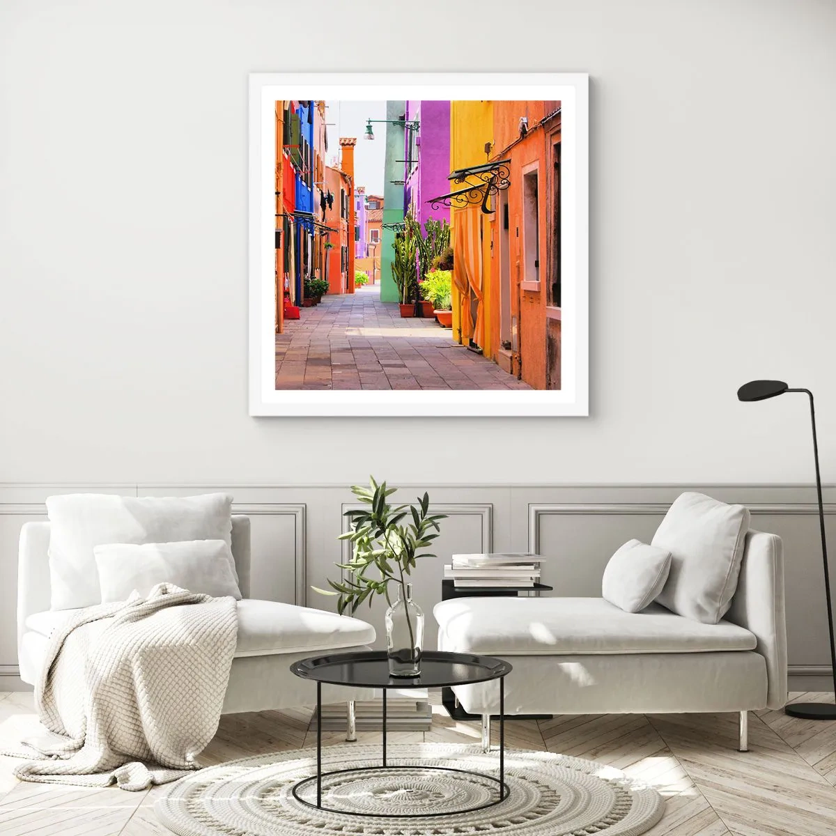 Plakát v bílém rámu - Duhová ulička - 60x60 cm