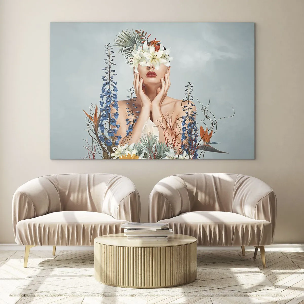 Obraz na skle - Postava ženy s květinovou korunou a květinovým aranžmá - 70x50cm - Žena – květina - Moderní nástěnná dekorace do obývacího pokoje a ložnice ARTTOR