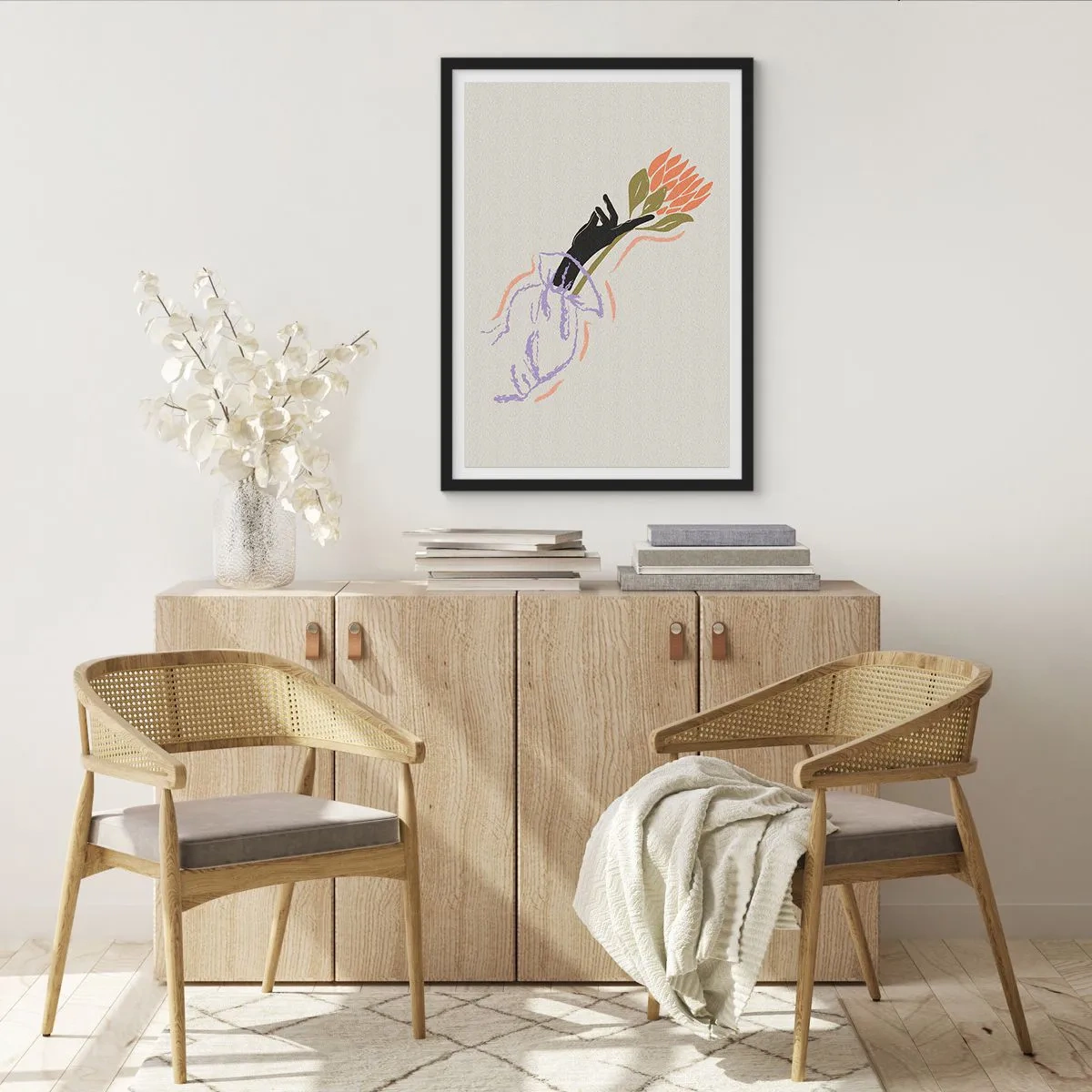 Plakát v černém rámu - Abstraktní kresba ruky držící kytici květin - 50x70cm - Sesterský dotek - Moderní nástěnná dekorace do obývacího pokoje a ložnice ARTTOR