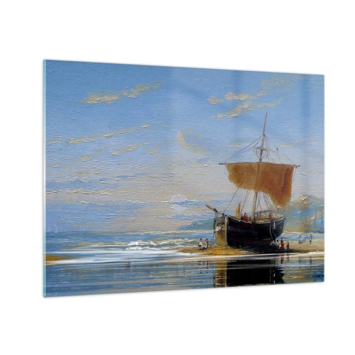 Obraz na skle - Loď s plachtou u břehu v malířském stylu - 70x50cm - Voda, země, vzduch - Moderní nástěnná dekorace do obývacího pokoje a ložnice ARTTOR