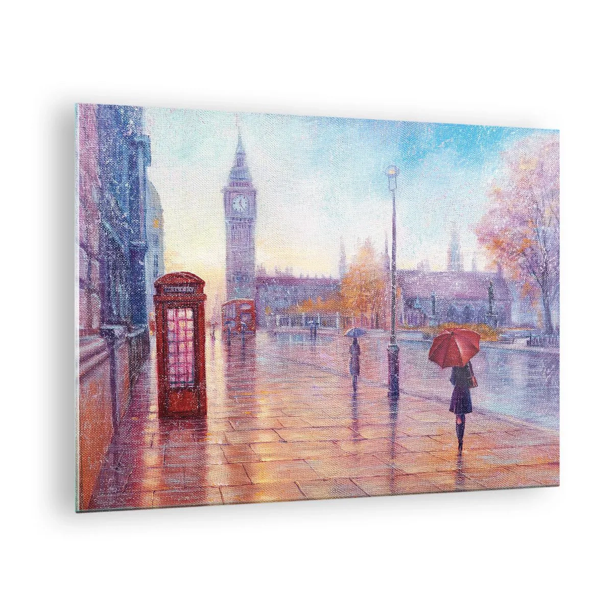 Obraz na skle - Londýnská scéna v dešti s Big Benem a červenou krabicí - 70x50cm - Londýnský podzimní den - Moderní nástěnná dekorace do obývacího pokoje a ložnice ARTTOR