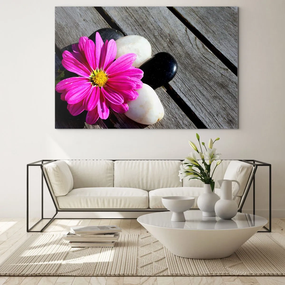 Obraz na skle - Růžový květ s kameny na dřevěném pozadí - 70x50cm - Odpočinek na molu - Moderní nástěnná dekorace do obývacího pokoje a ložnice ARTTOR