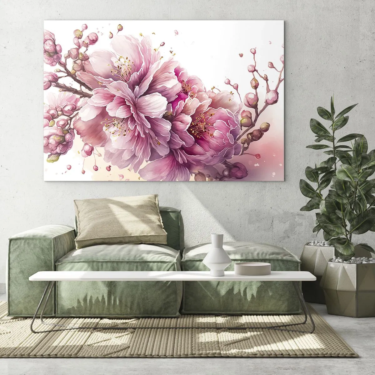 Obraz na skle - Růžové třešňové květy v plném květu na světlém pozadí - 70x50cm - Květ kvetoucí třešně - Moderní nástěnná dekorace do obývacího pokoje a ložnice ARTTOR