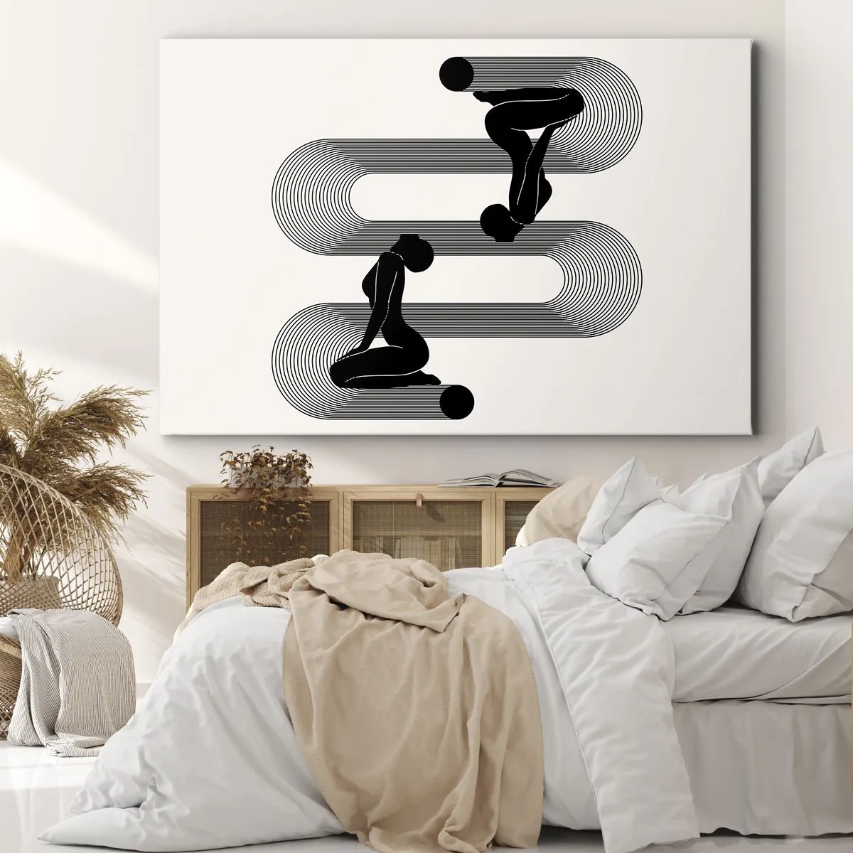 Obraz na plátně - Černé siluety s geometrickými čarami na světlém pozadí - 70x50cm - Smyslná symetrie - Moderní nástěnná dekorace do obývacího pokoje a ložnice ARTTOR