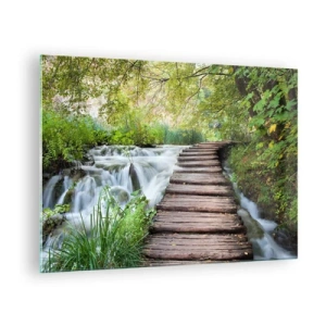 Obraz na skle - Most v lese přes potok - 70x50cm - Voda není vůbec tichá - Moderní nástěnná dekorace do obývacího pokoje a ložnice ARTTOR