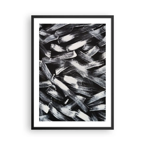 Plakát v černém rámu - Abstraktní bílé tahy štětcem na černém pozadí - 50x70cm - Abstrakce v industriálním duchu - Moderní nástěnná dekorace do obývacího pokoje a ložnice ARTTOR