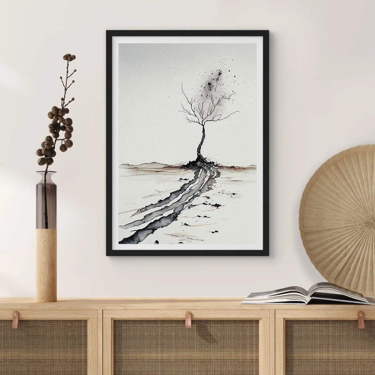 Plakát v černém rámu - Minimalistický strom s abstraktními kořeny - 50x70cm - Zimní melancholie - Moderní nástěnná dekorace do obývacího pokoje a ložnice ARTTOR