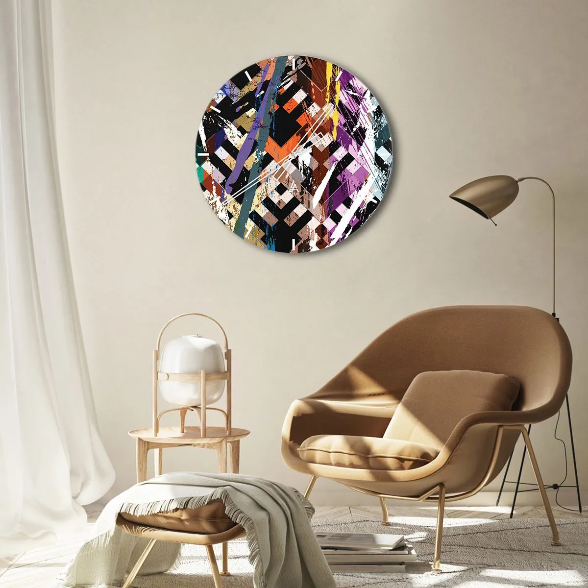 Nástěnné hodiny - Geometrické vzory v intenzivních barvách s abstraktním efektem - 30x30cm - Umocněné na druhou - Moderní nástěnná dekorace do obývacího pokoje, kuchyně a ložnice ARTTOR