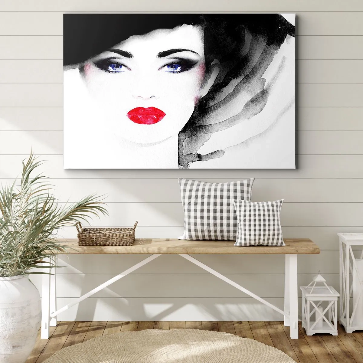 Obraz na plátně - Portrét ženy s rudými rty a intenzivně modrýma očima - 70x50cm - Odhání a přivolává - Moderní nástěnná dekorace do obývacího pokoje a ložnice ARTTOR