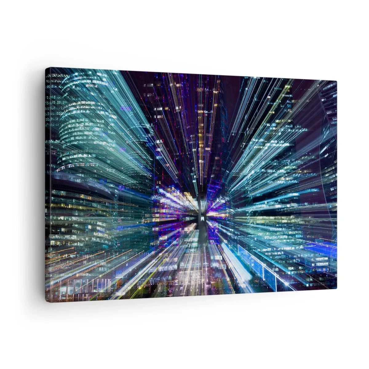 Obraz na plátně - Dynamický pohled na město v noci se světelným efektem - 70x50cm - Přechod do hyperprostoru - Moderní nástěnná dekorace do obývacího pokoje a ložnice ARTTOR