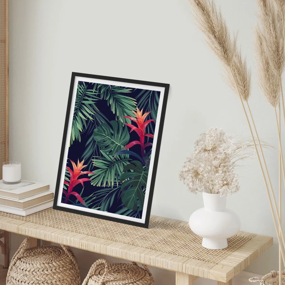 Plakát v černém rámu - Tropické listy a květiny na tmavém pozadí - 50x70cm - Vzplanout v zeleném - Moderní nástěnná dekorace do obývacího pokoje a ložnice ARTTOR