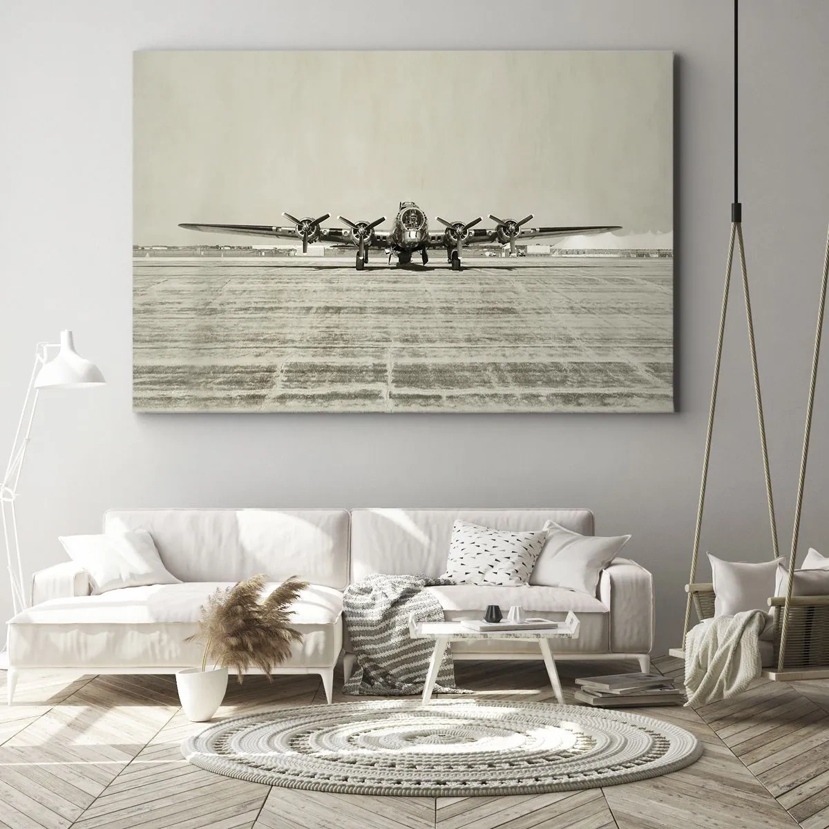 Obraz na plátně - Historické letadlo na letišti v sépiové barvě - 70x50cm - Jako vždy připraven - Moderní nástěnná dekorace do obývacího pokoje a ložnice ARTTOR