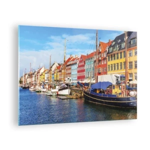 Obraz na skle - Barevné domy na kanálech v Kodani - 70x50cm - Radostné nábřeží - Moderní nástěnná dekorace do obývacího pokoje a ložnice ARTTOR