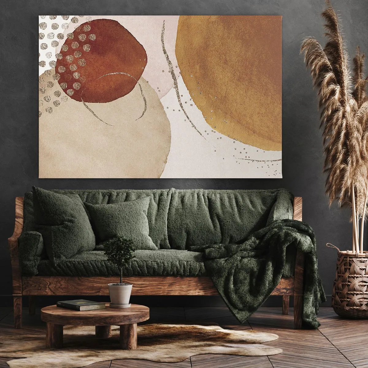 Obraz na plátně - Abstraktní tvary v teplých odstínech hnědé a zlaté - 70x50cm - Zaoblení a pohyb - Moderní nástěnná dekorace do obývacího pokoje a ložnice ARTTOR