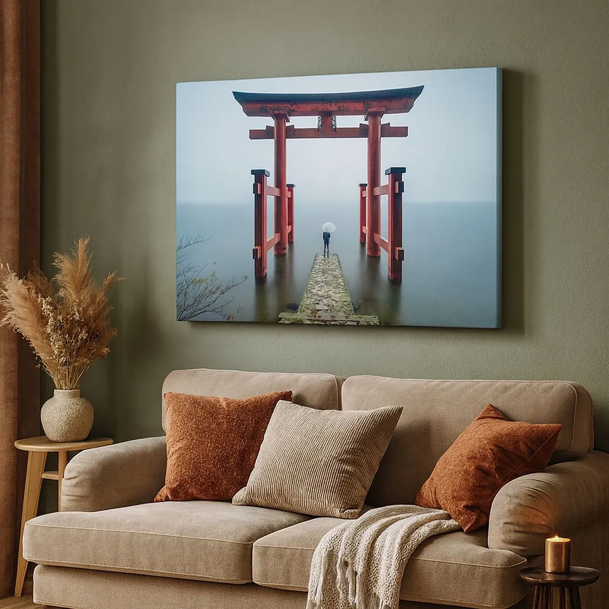 Obraz na plátně - Brána torii s výhledem na klidné jezero v Japonsku - 70x50cm - Japonské zamyšlení - Moderní nástěnná dekorace do obývacího pokoje a ložnice ARTTOR