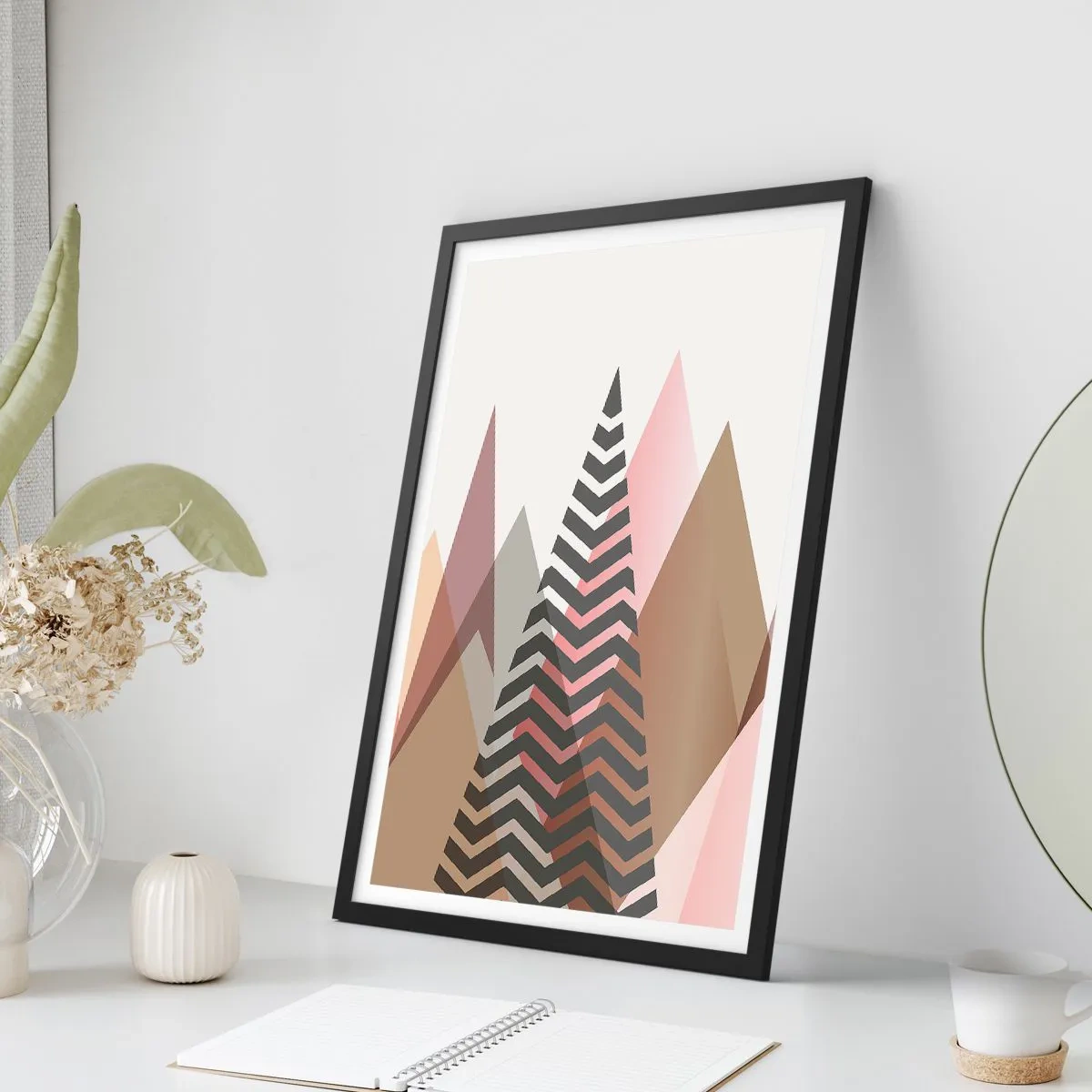 Plakát v černém rámu - Geometrické hory v pastelových odstínech s vrstveným efektem - 50x70cm - Pyramidální pohled - Moderní nástěnná dekorace do obývacího pokoje a ložnice ARTTOR