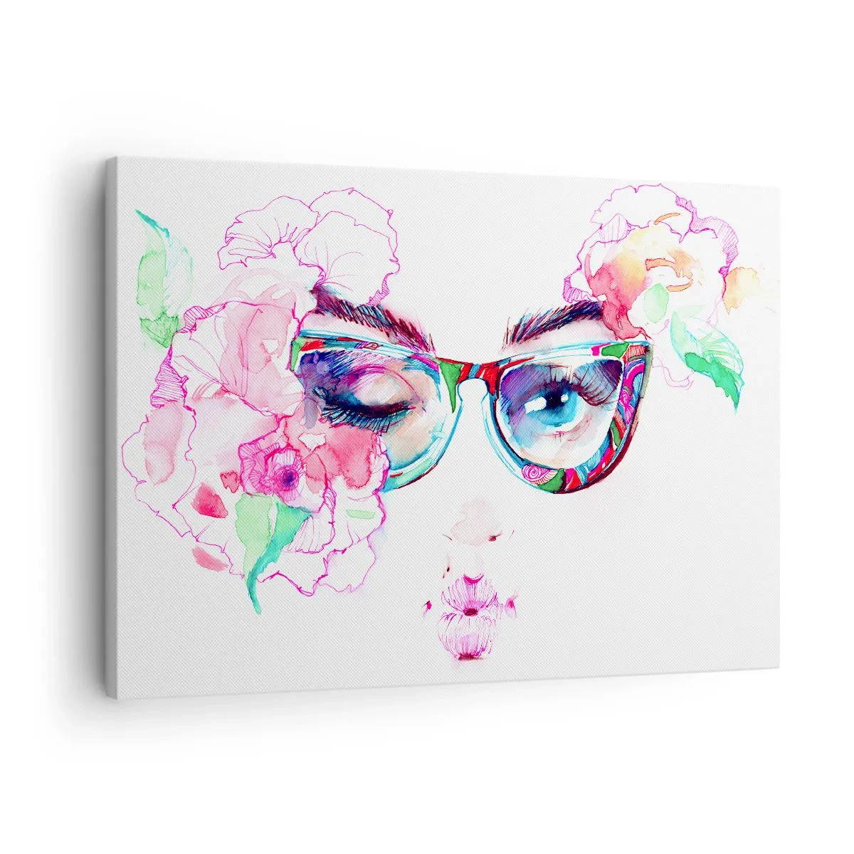 Obraz na plátně - Akvarelový obličej s barevnými brýlemi a květinami - 70x50cm - Svůdný slib - Moderní nástěnná dekorace do obývacího pokoje a ložnice ARTTOR