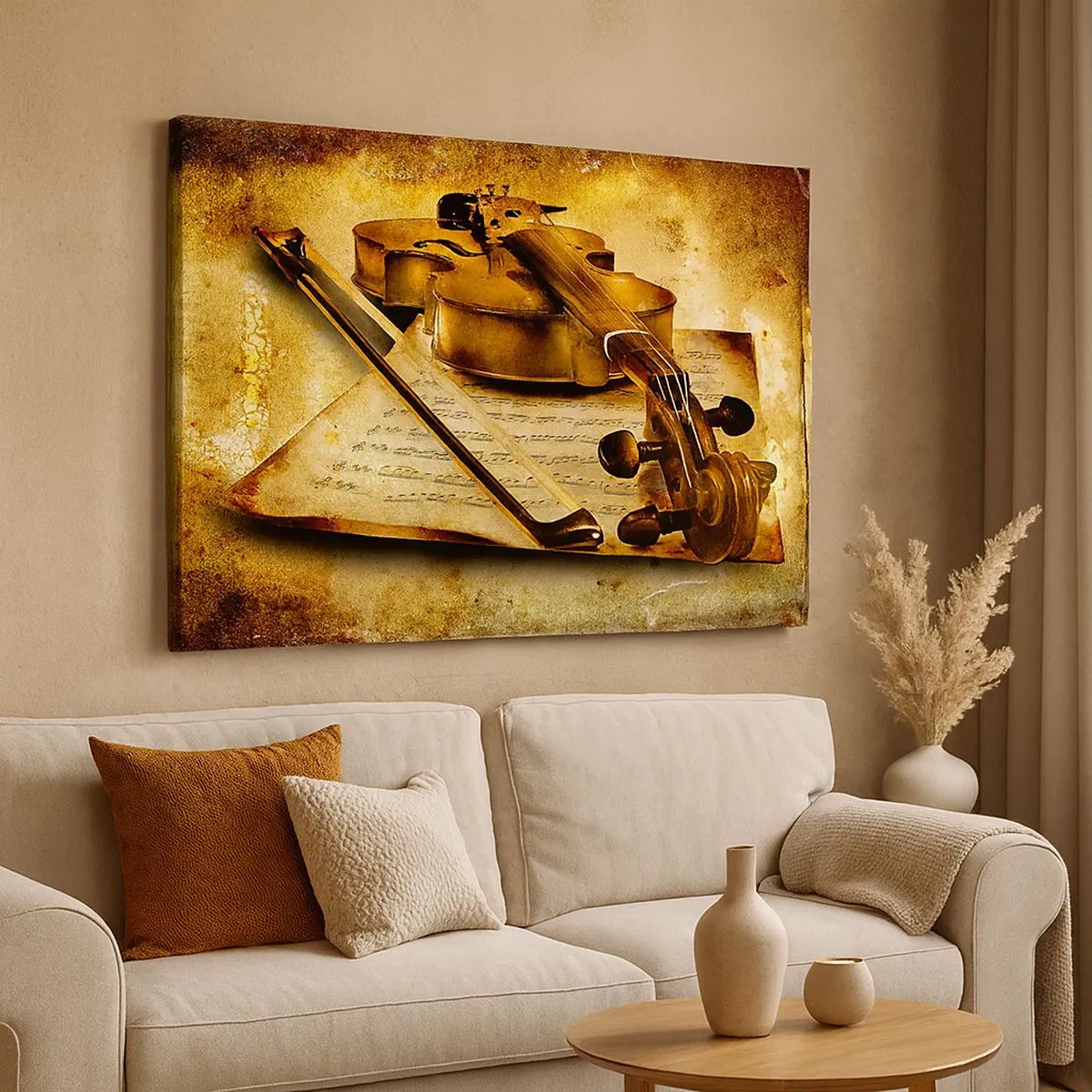 Obraz na plátně - Housle s notovým zápisem na vintage pozadí v teplých tónech - 70x50cm - Okamžitě potřebný virtuóz - Moderní nástěnná dekorace do obývacího pokoje a ložnice ARTTOR